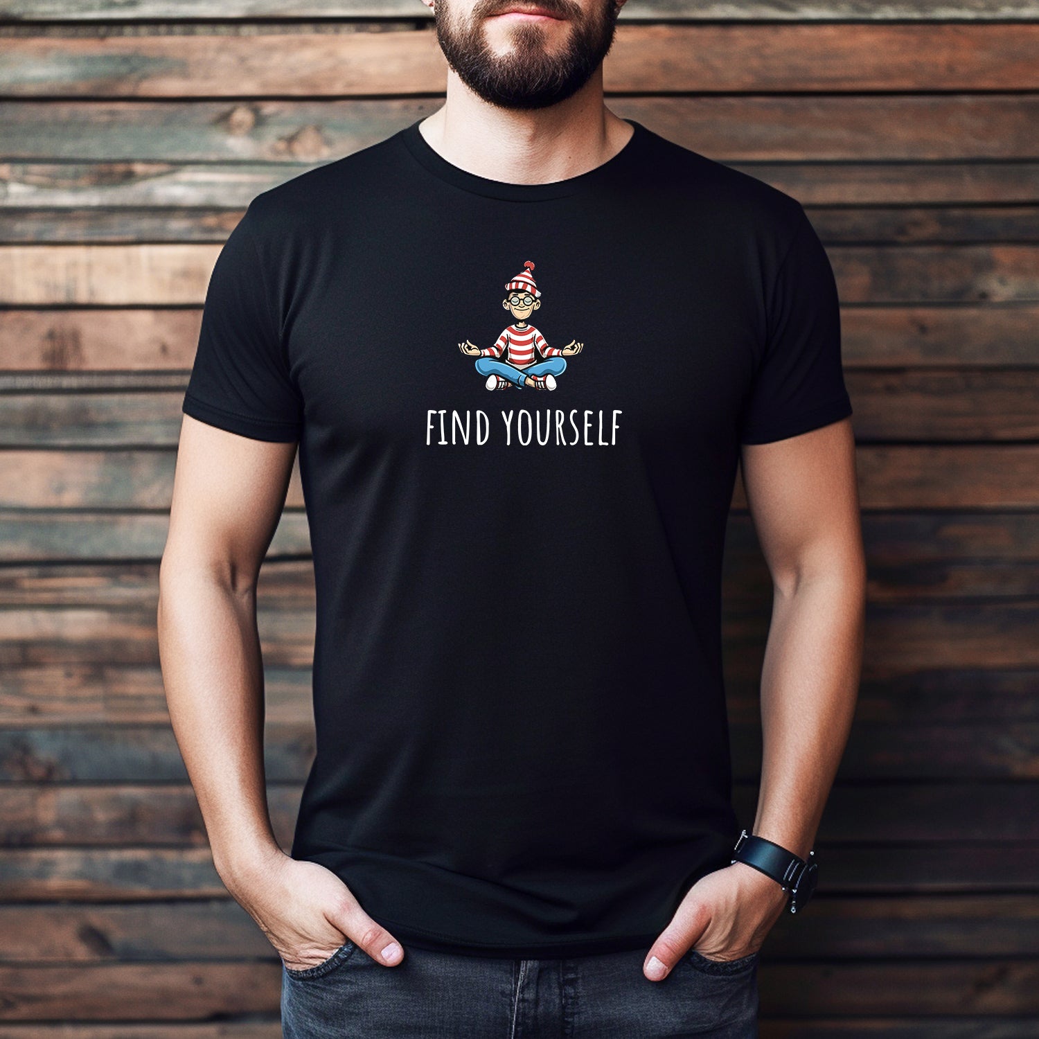 Men’s black shirt with meditating Waldo graphic and Find Yourself quote