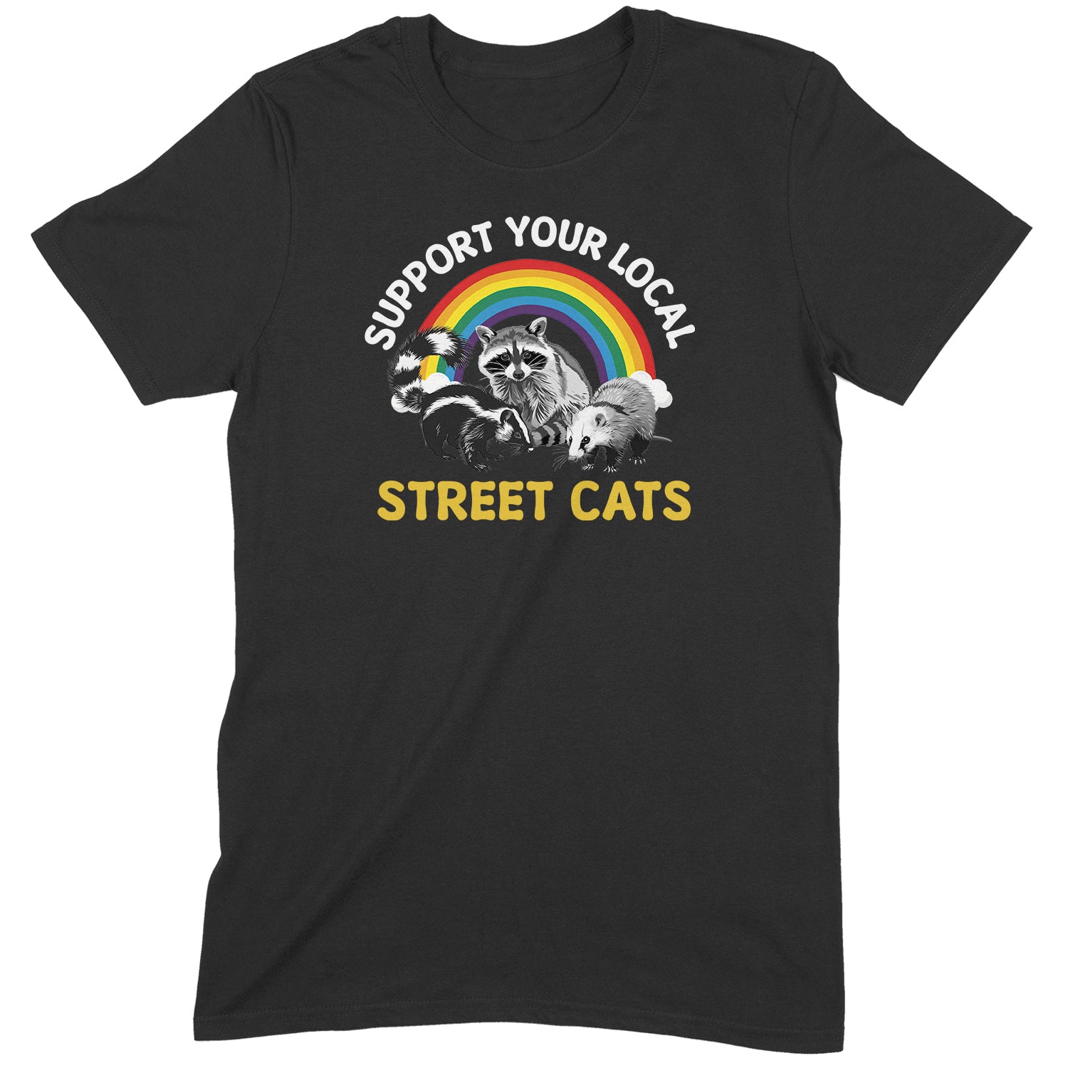 Flat lay black t-shirt with rainbow graphic and raccoons saying Support Your Local Street Cats