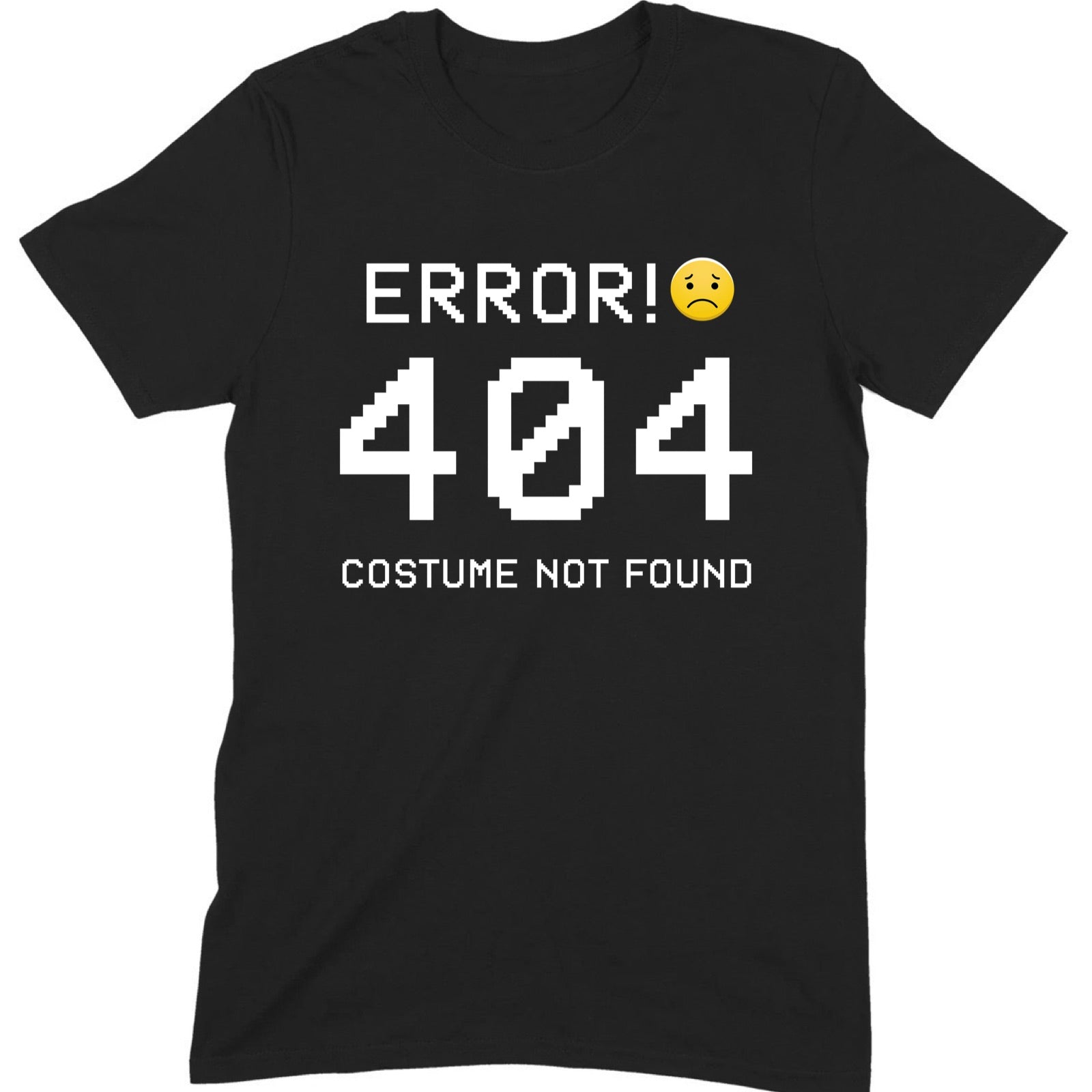 Man modeling a black crew-neck T-shirt with white pixel text Error 404 Costume Not Found and sad emoji graphic.