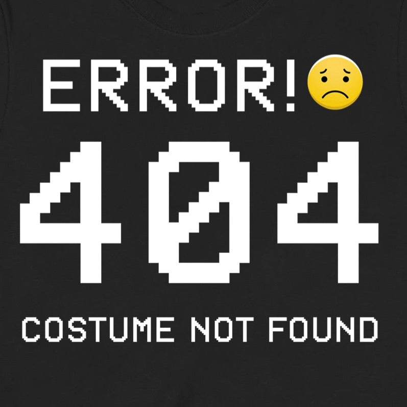 Close-up view of the Error 404 Costume Not Found Halloween design with sad emoji printed on black T-shirt.