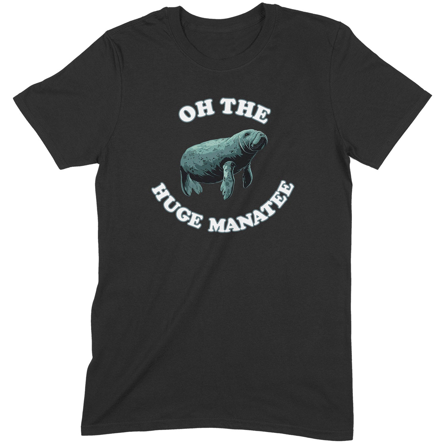 Black t-shirt with cartoon manatee and text “Oh the Huge Manatee” in bold white font.