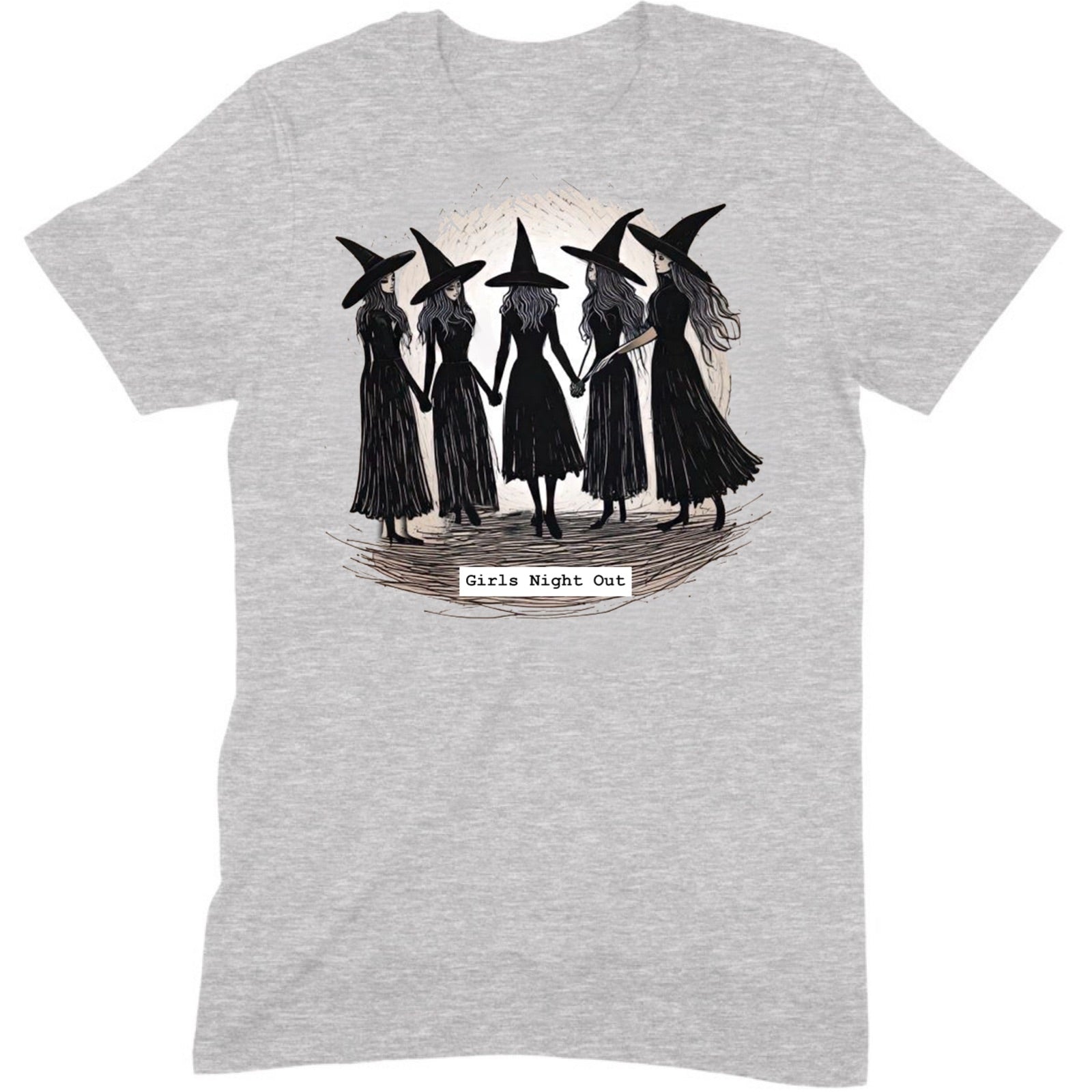 Flat lay of grey unisex tee with witch group graphic design and Girls Night Out caption in bold type.