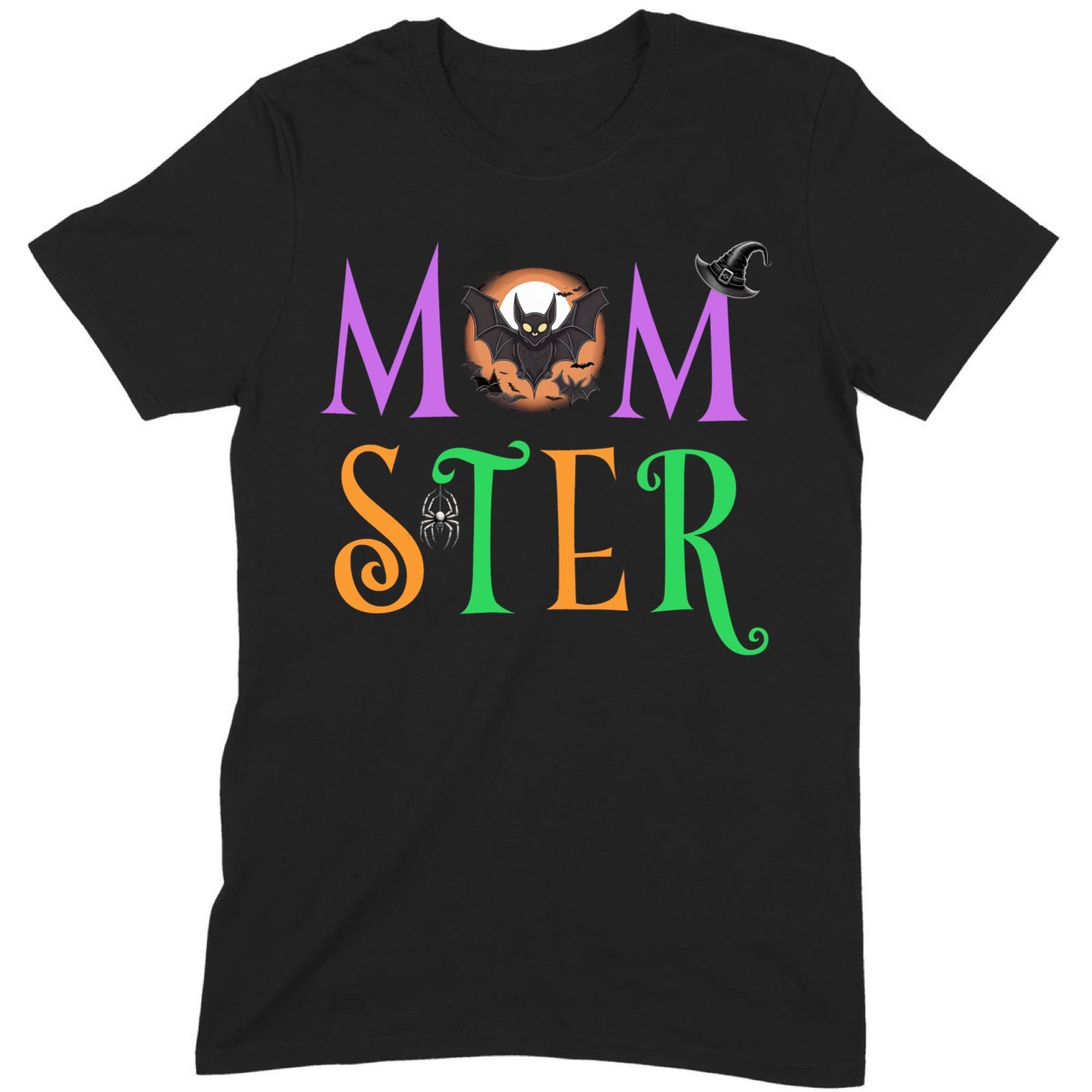 Black Momster Halloween t-shirt with colorful letters, bat, witch hat, and spider shown flat.