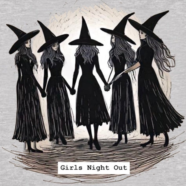 Girls Night Out witches graphic close-up on heather gray, Halloween t-shirt design detail