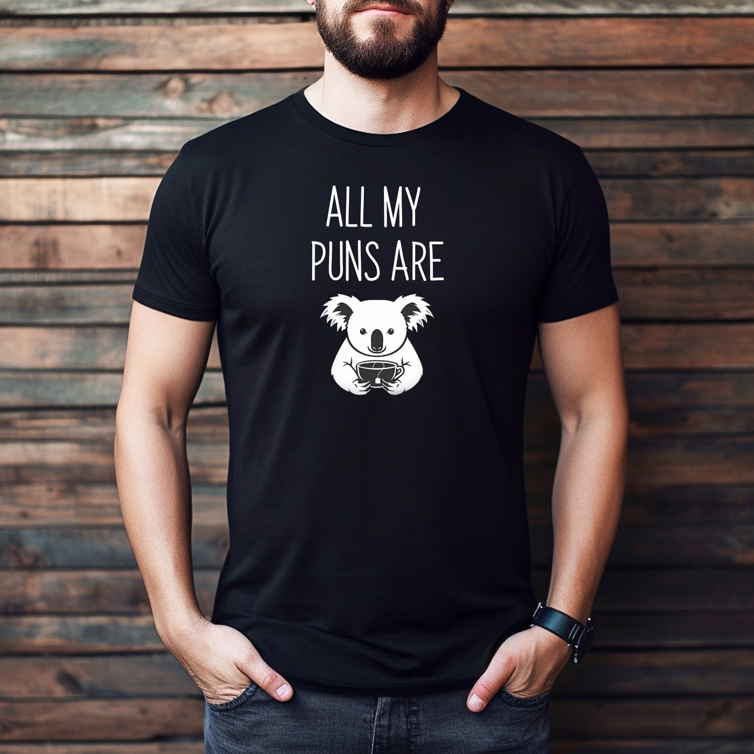Men’s all my puns are koala t-shirt with white koala design and pun quote on black casual tee