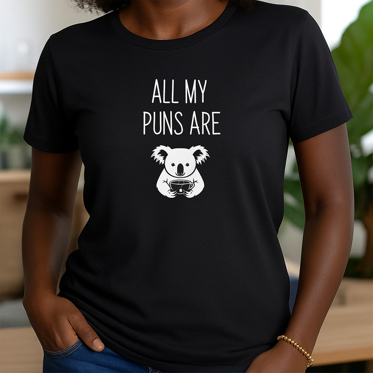Women’s crew neck all my puns are koala t-shirt with koala cup design and pun text on black