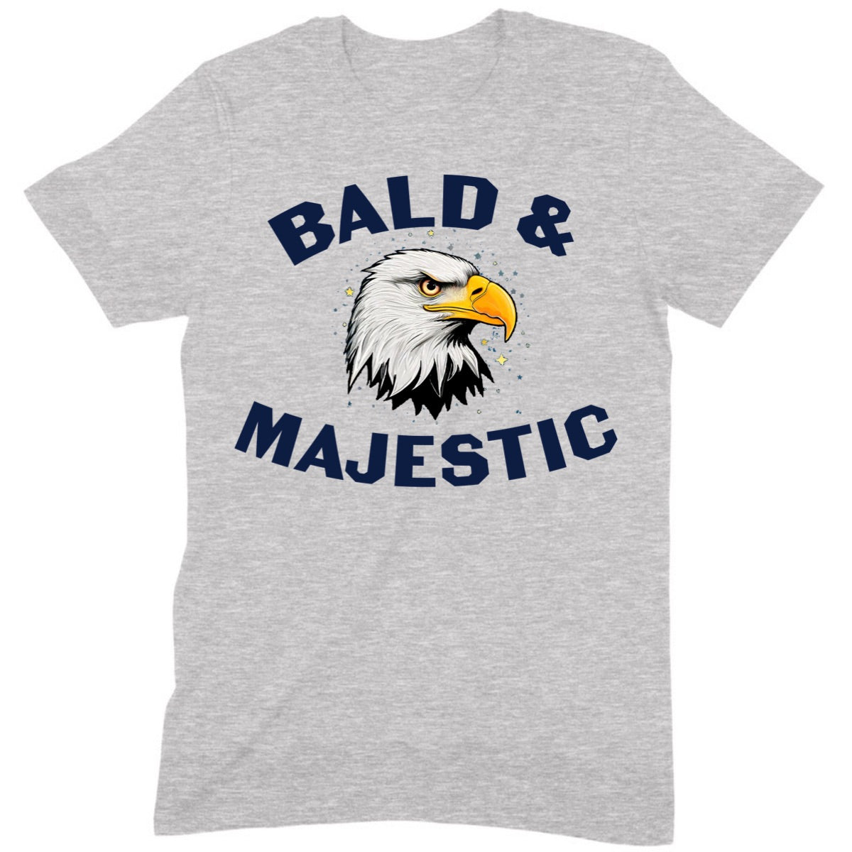 Grey t-shirt with bold text Bald & Majestic and illustrated bald eagle head design