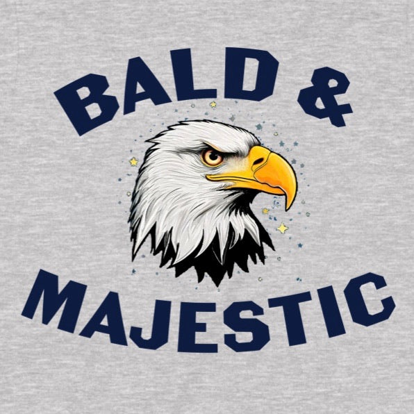 Closeup of Bald & Majestic text and bald eagle illustration on grey t-shirt