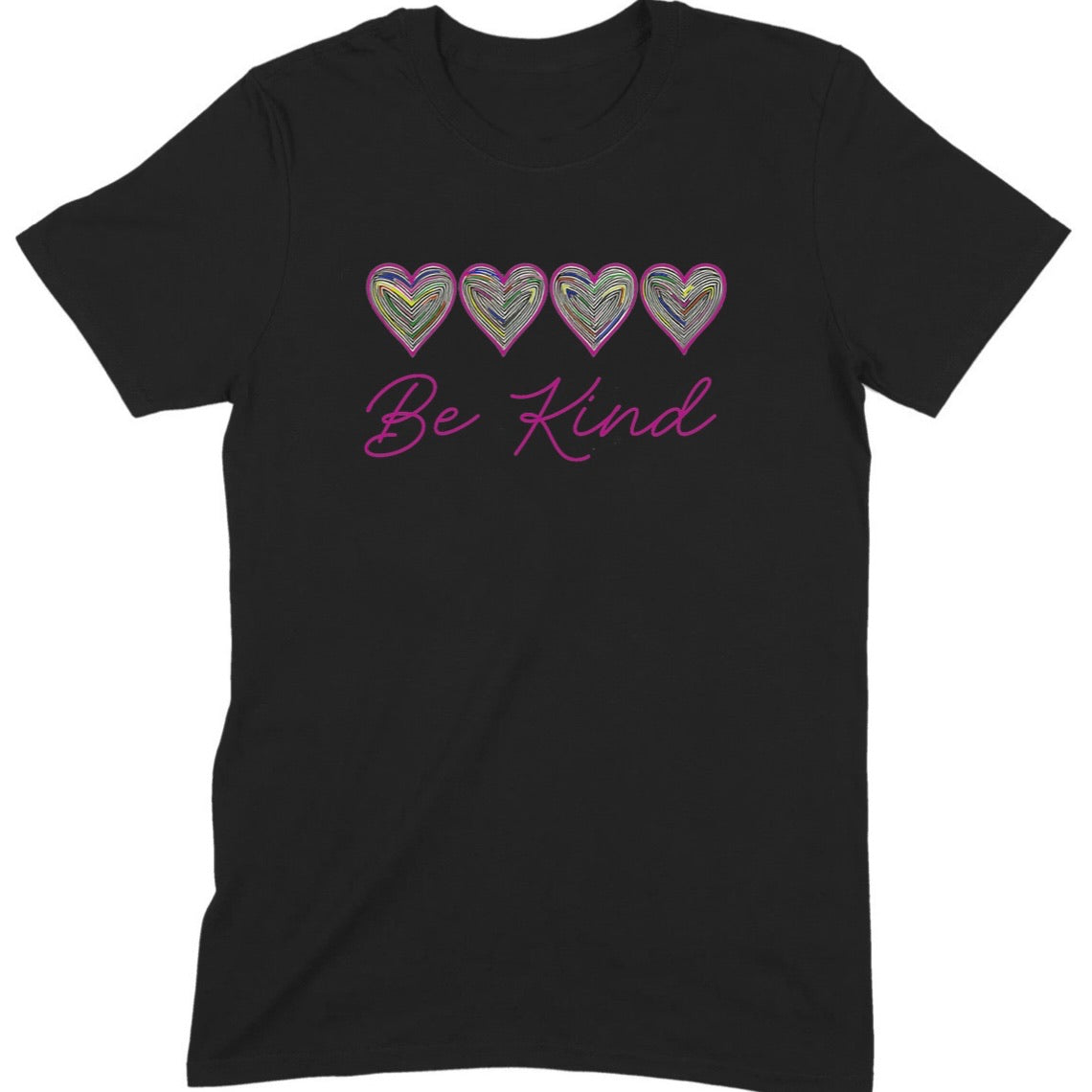 Black t-shirt with colorful heart design and pink Be Kind text displayed flat on surface
