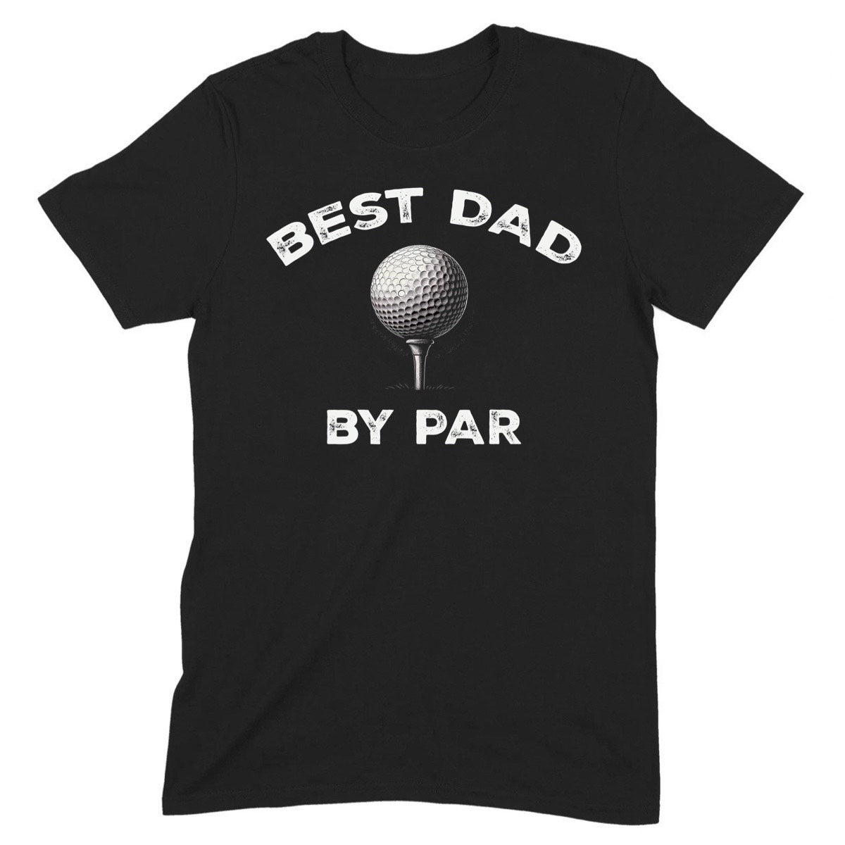 Black t-shirt with Best Dad By Par text and golf ball graphic, funny golf shirt gift for dads