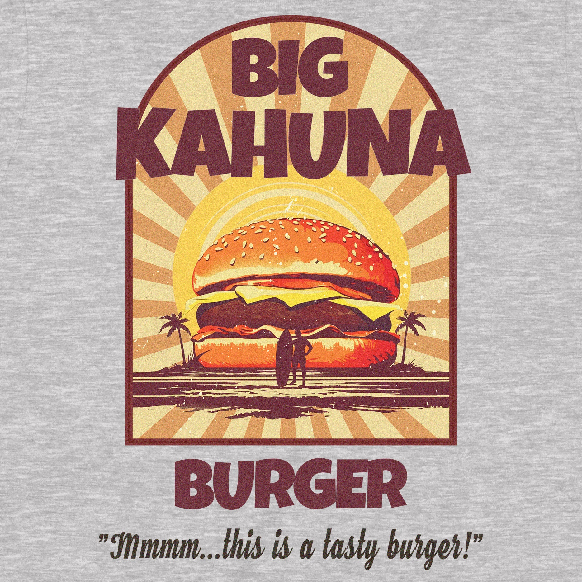Closeup of retro Big Kahuna Burger t-shirt with orange sunset and palm tree graphic