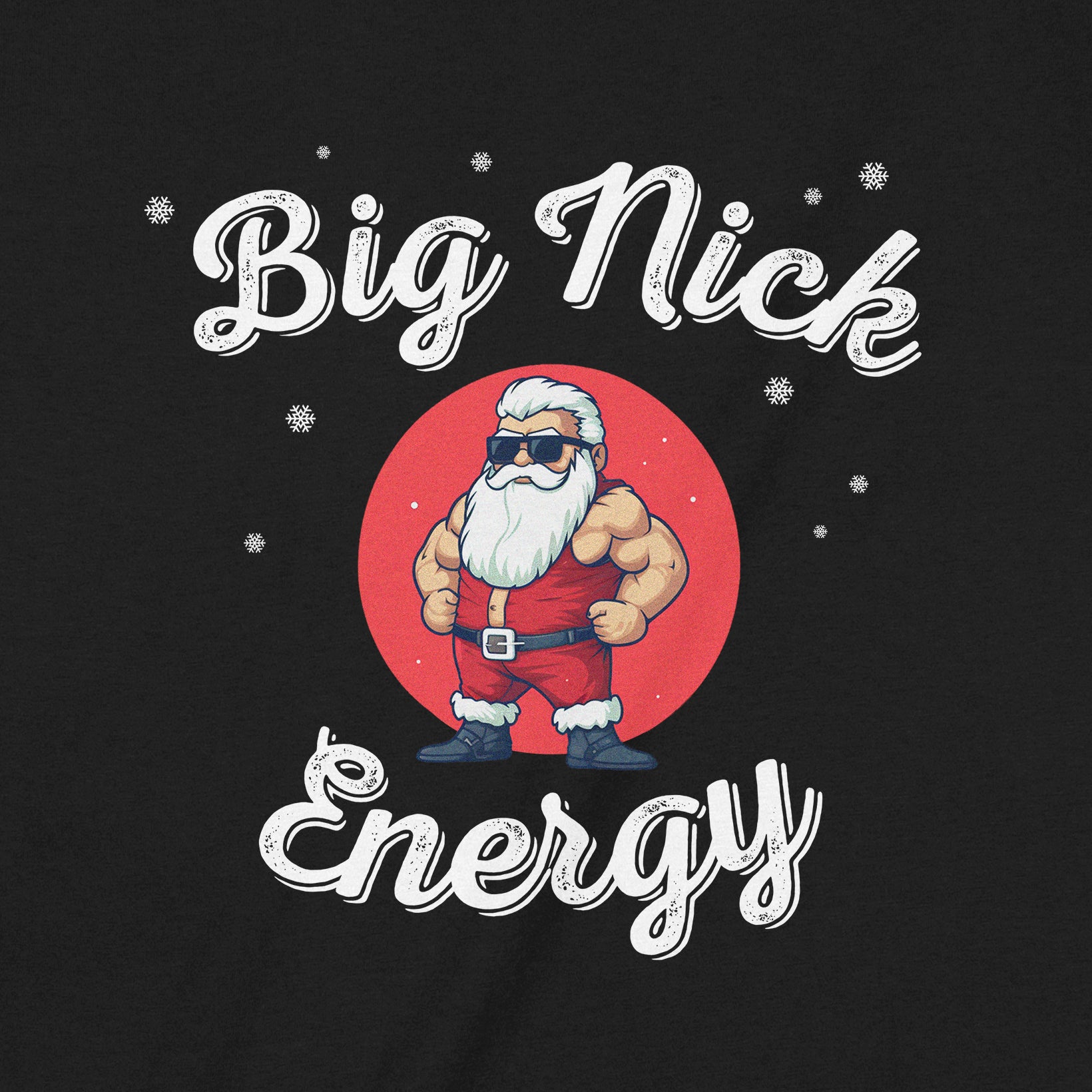 Closeup of Big Nick Energy Santa graphic with bold white text and cartoon Santa illustration