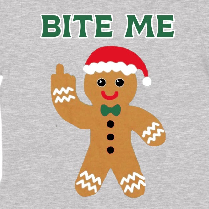 Closeup of gingerbread man Christmas shirt with Bite Me text and Santa hat