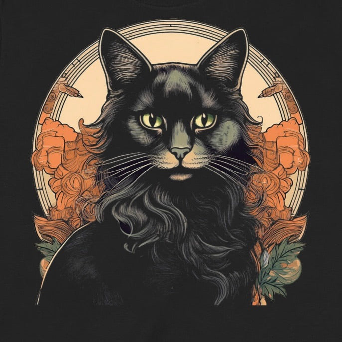 Close-up of black cat Halloween graphic with green eyes and orange roses in art nouveau frame