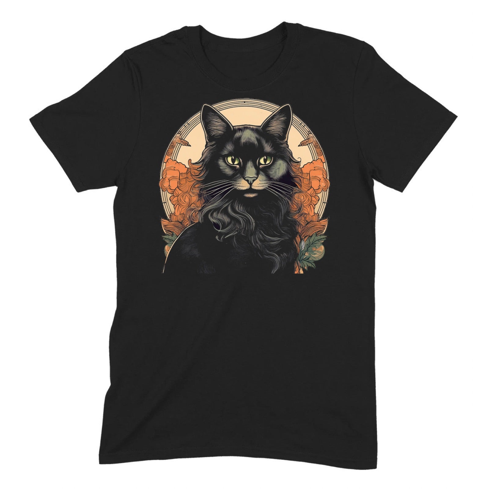 Black cat Halloween t-shirt with art nouveau floral frame on black tee, isolated product photo