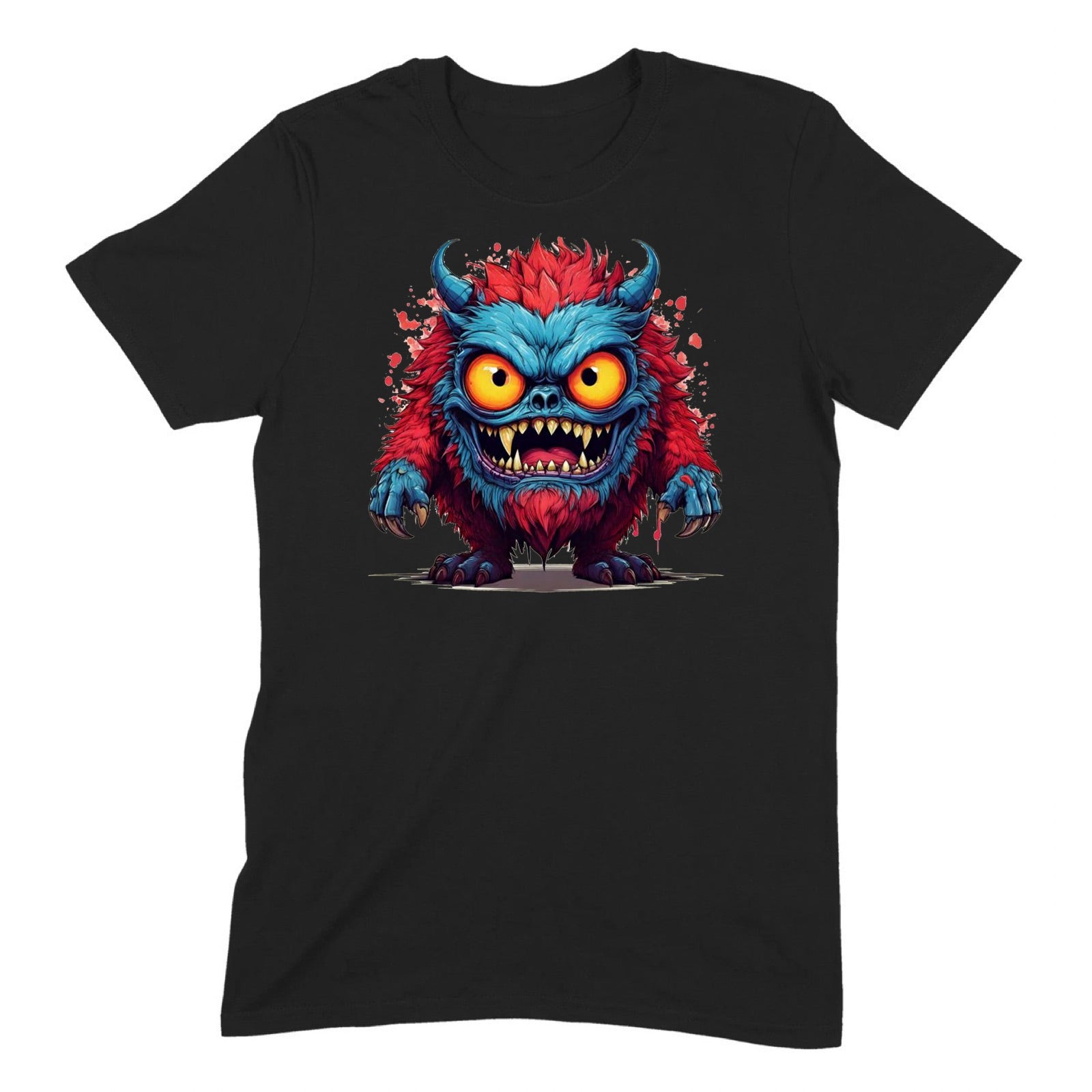 Black Halloween t-shirt with blue and red furry monster graphic and big yellow eyes, isolated product photo