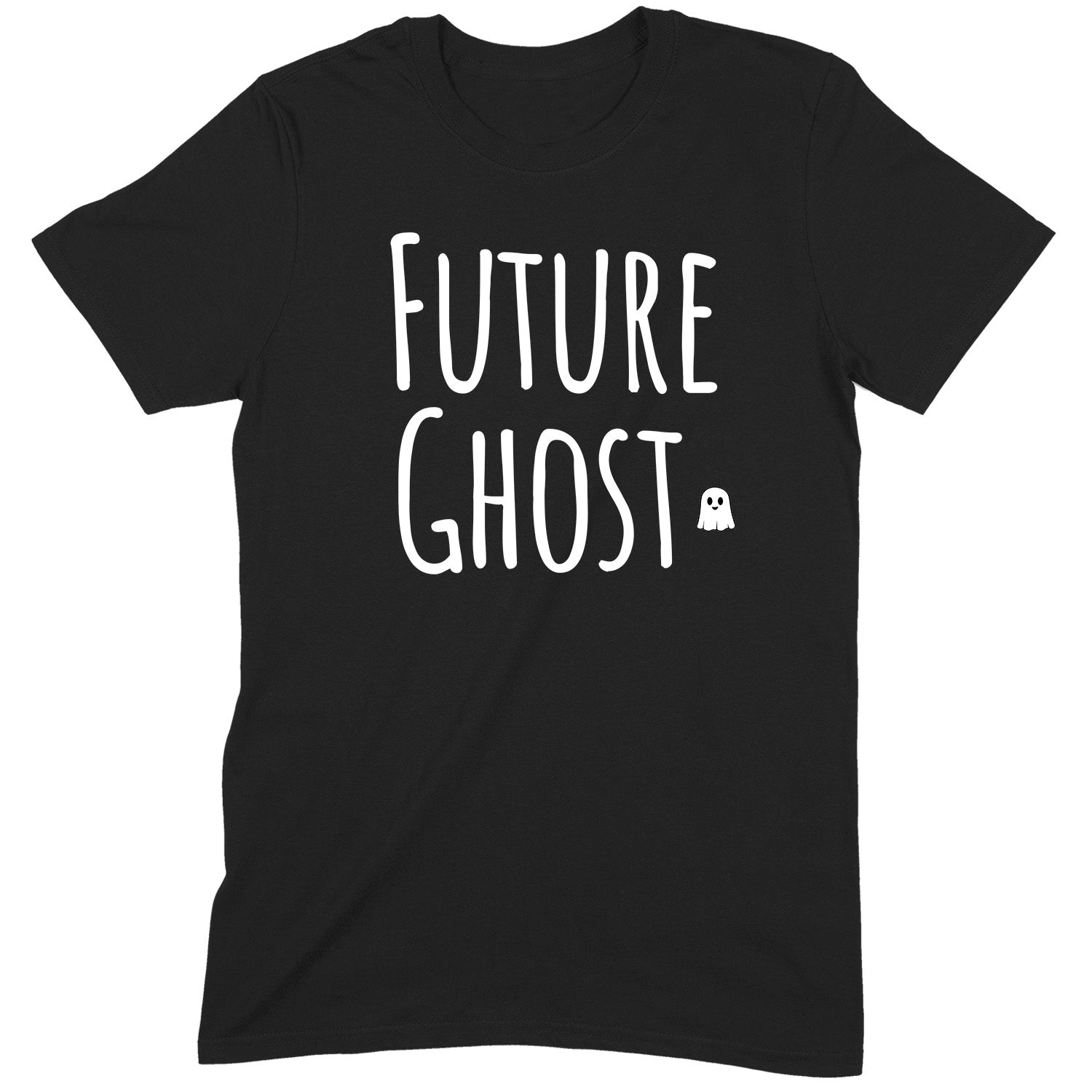 Black Future Ghost Halloween t-shirt with playful ghost icon, isolated product photo