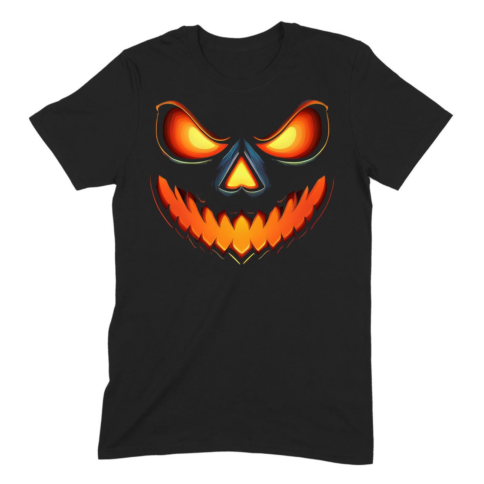 Black Halloween t-shirt with large glowing jack-o-lantern face, isolated product photo