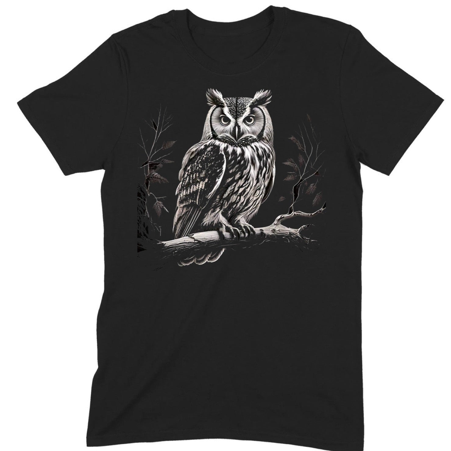 Black t-shirt with detailed owl perched on branch, monochrome woodland design, isolated product photo