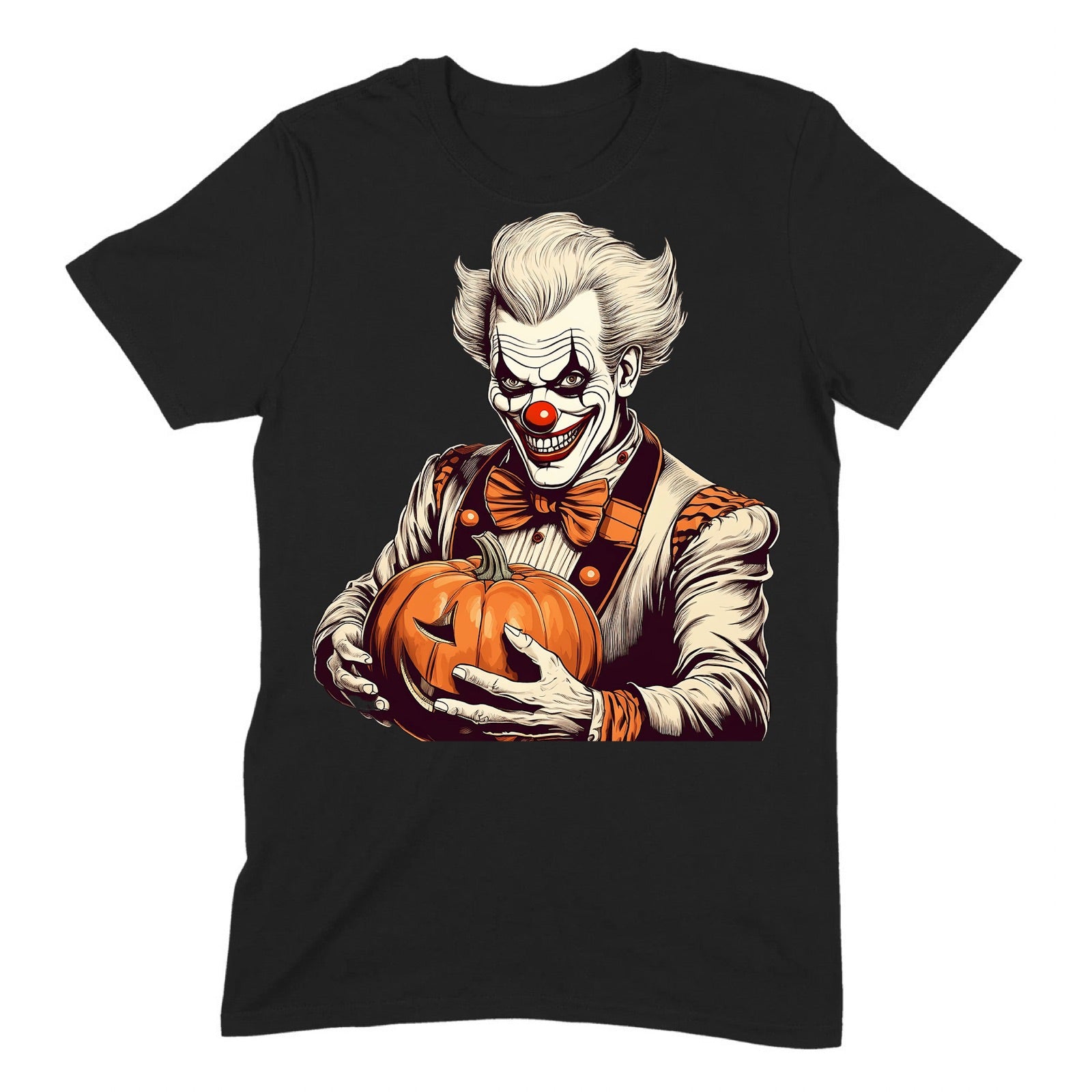 Black Halloween t-shirt featuring scary clown with pumpkin, isolated product image