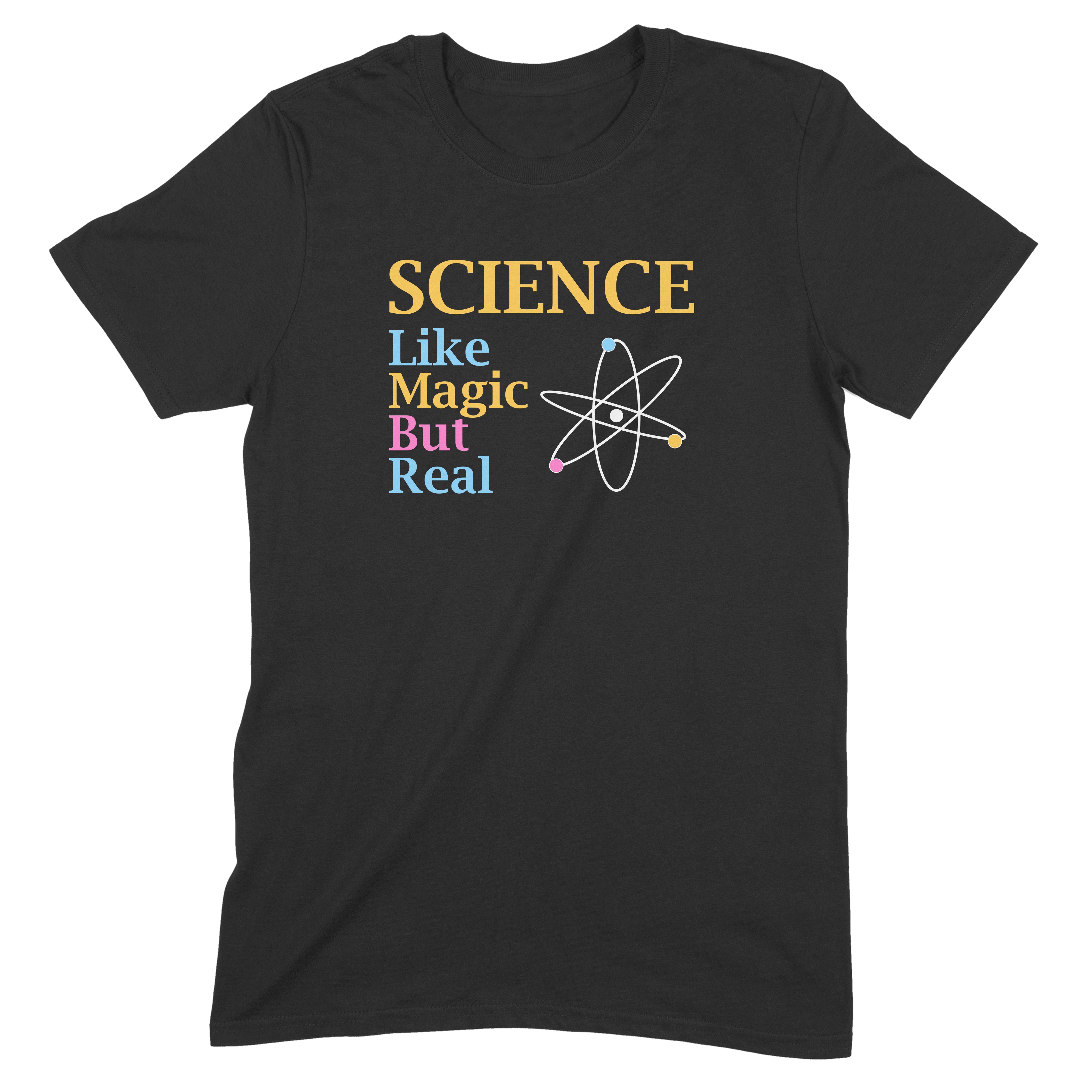 Flat lay black Science Like Magic But Real atom graphic T-shirt on white background, unisex geek gift tee
