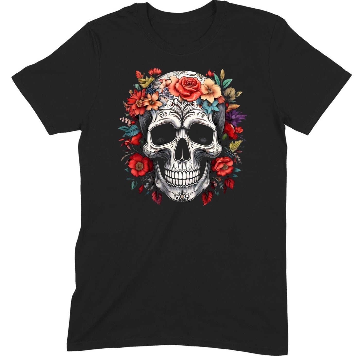 Black Day of the Dead sugar skull floral wreath t-shirt, isolated product photo on black tee