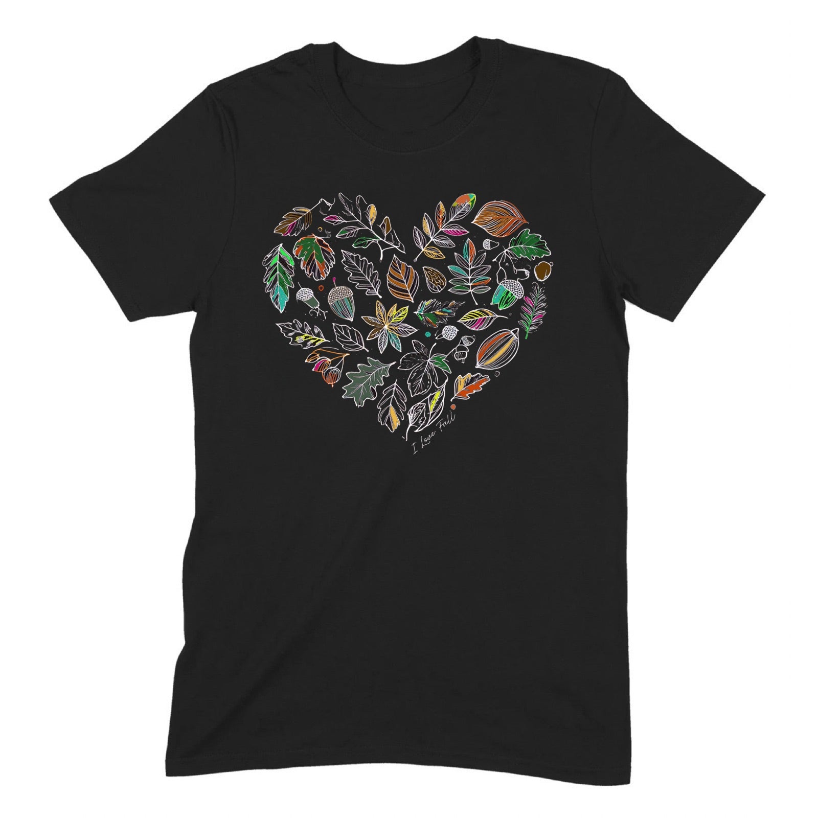 Black t-shirt with colorful heart-shaped fall leaf design and I Love Fall text