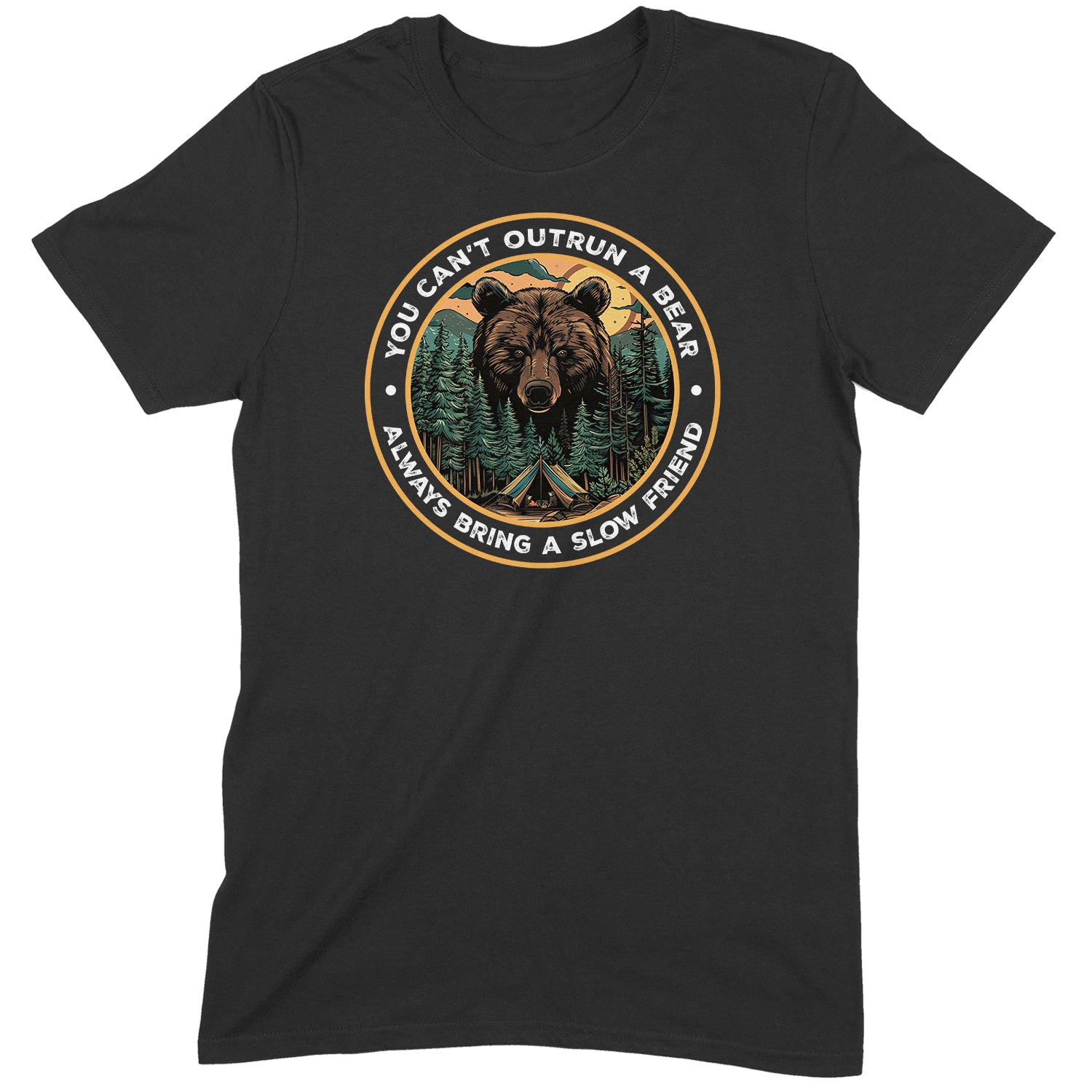 Black t-shirt with bear camping graphic and funny quote about outrunning a bear, perfect for hikers and campers
