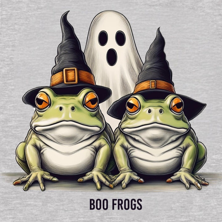 Close-up of Boo Frogs Halloween graphic showing two frogs in witch hats with ghost on heather gray fabric