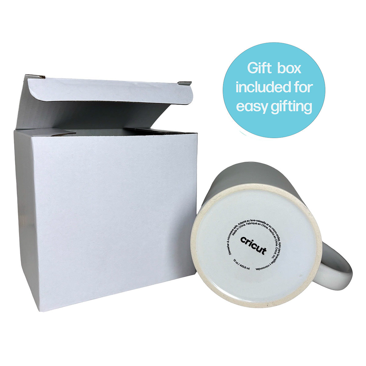 Bottom of white ceramic mug with Cricut stamp and included gift box for Ringmaster of the Shitshow design
