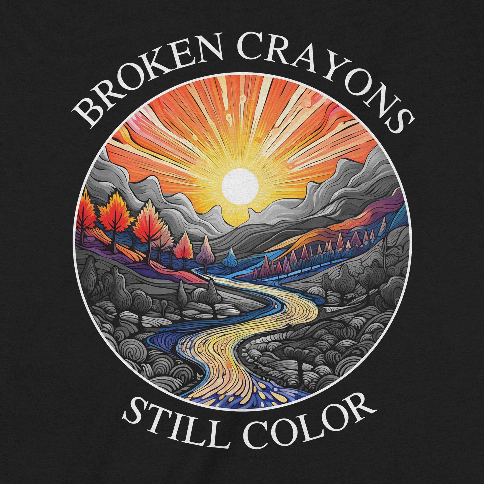 Closeup of broken crayons still color design with sunrise over mountains and flowing river in vivid colors