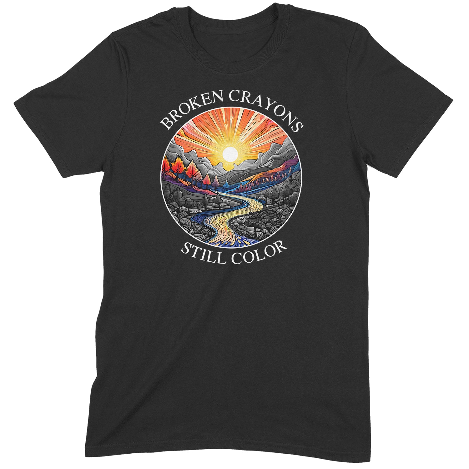 Flat lay black t-shirt with broken crayons still color quote and colorful sunrise mountain illustration