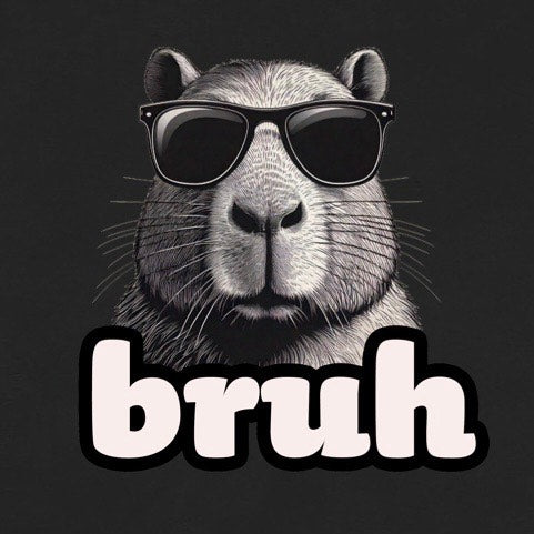 Closeup of capybara wearing sunglasses with bruh text on black tee, funny meme graphic detail