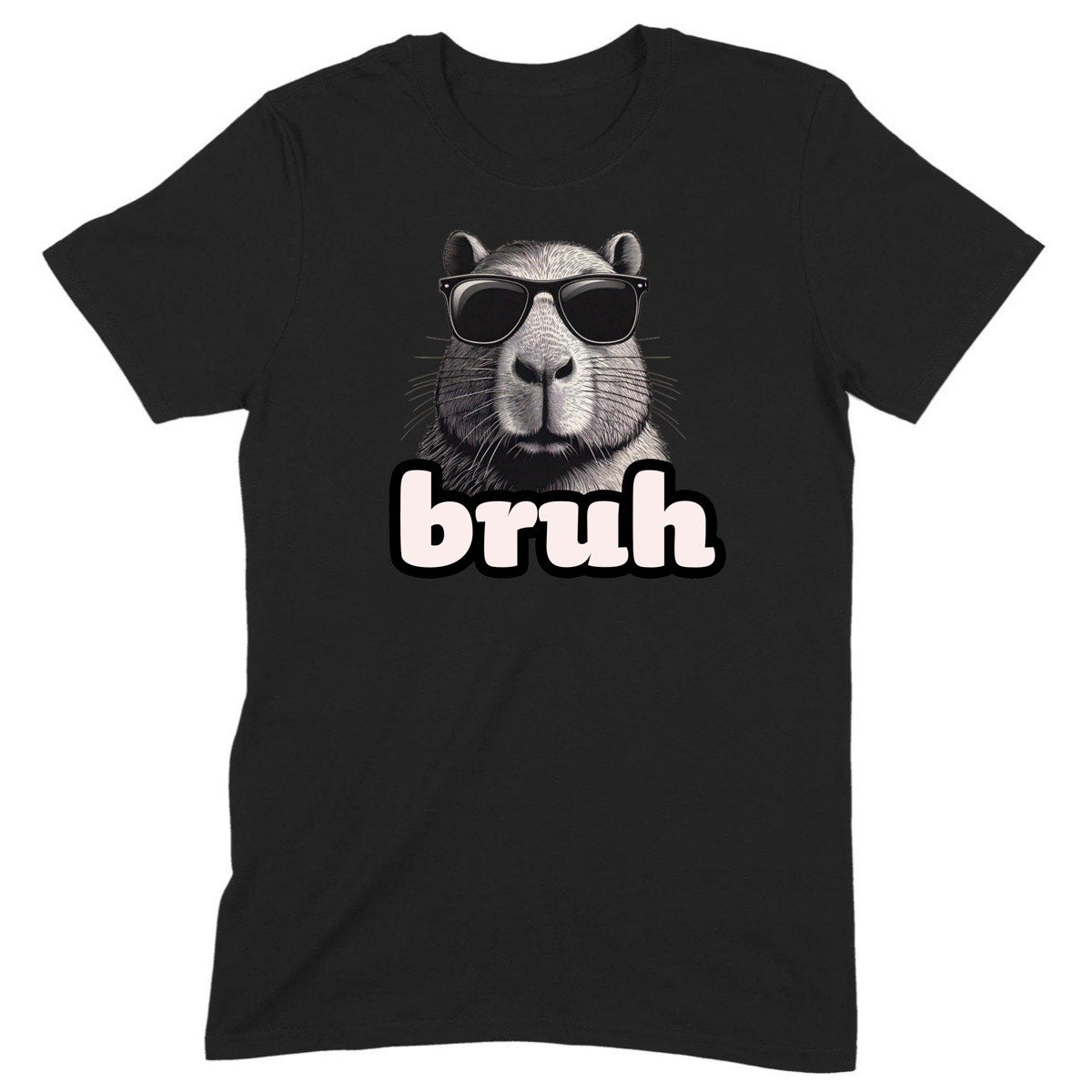 Black unisex t-shirt with capybara wearing sunglasses and bold bruh text, funny meme animal graphic, flat lay product photo