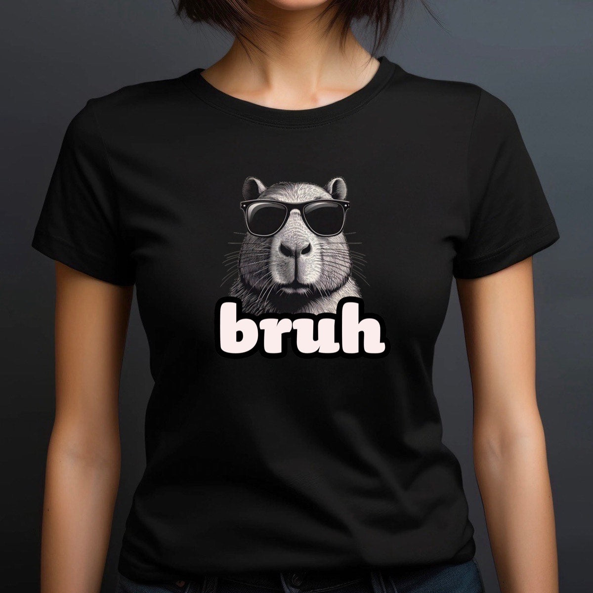Woman wearing black crewneck bruh capybara meme t-shirt with sunglasses graphic, studio portrait