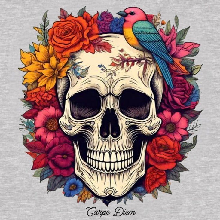 Close-up of Carpe Diem skull graphic with colorful flowers and bird on heather gray fabric