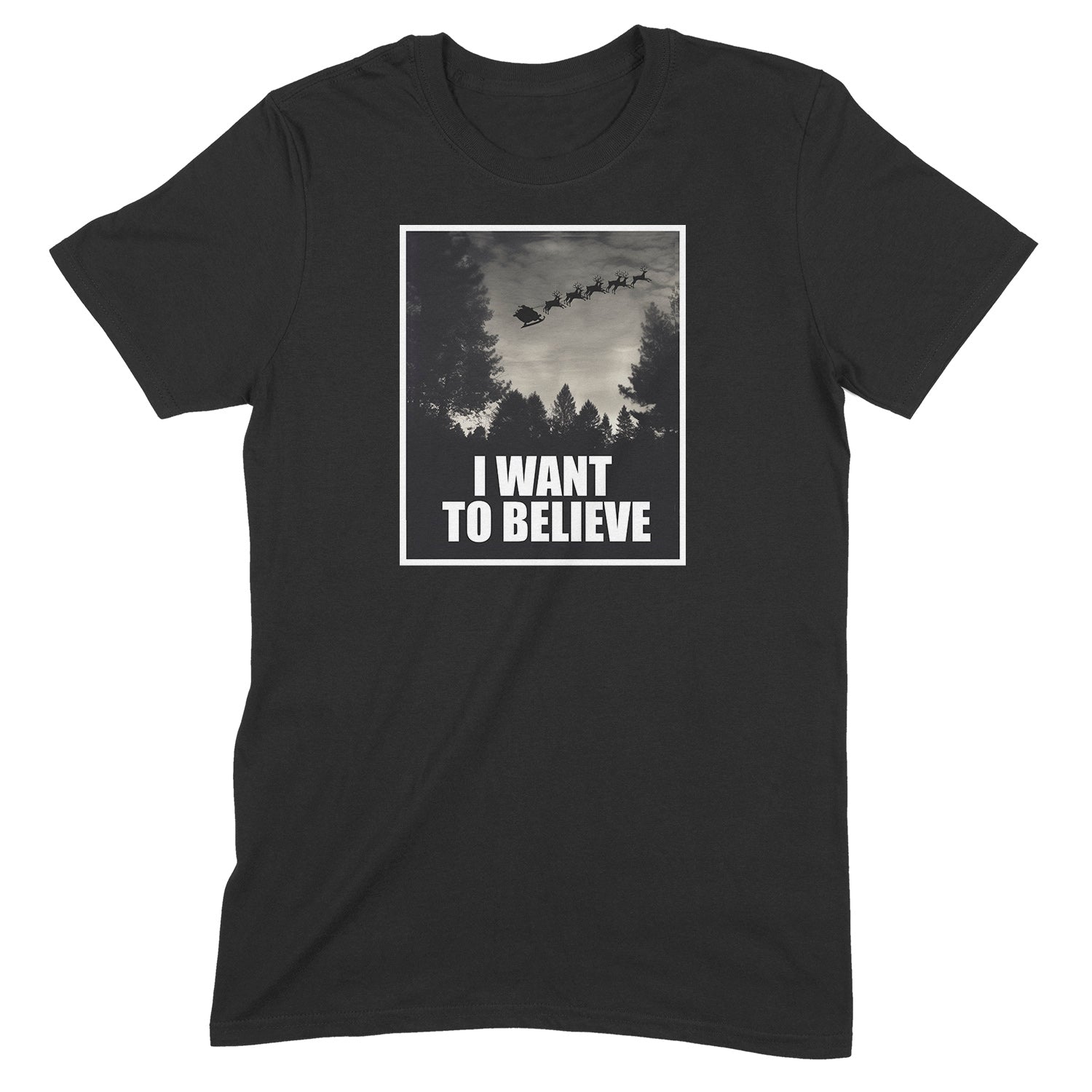 Black Christmas t-shirt with I Want to Believe Santa sleigh design over forest silhouette
