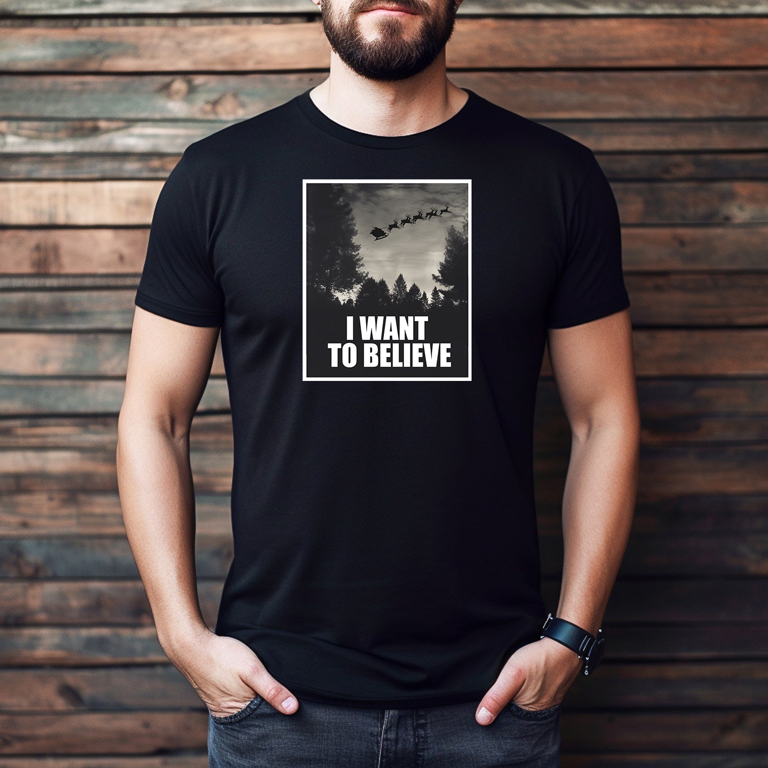 Men’s Christmas graphic tee featuring Santa sleigh I Want to Believe design in black
