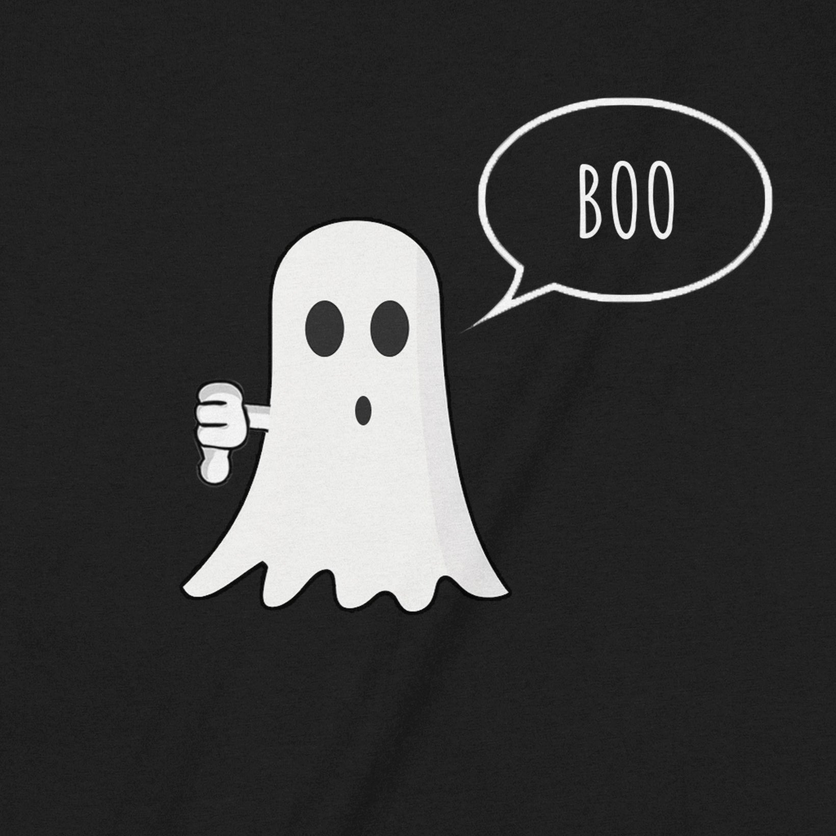 Closeup of black shirt with ghost graphic saying Boo and showing thumbs down