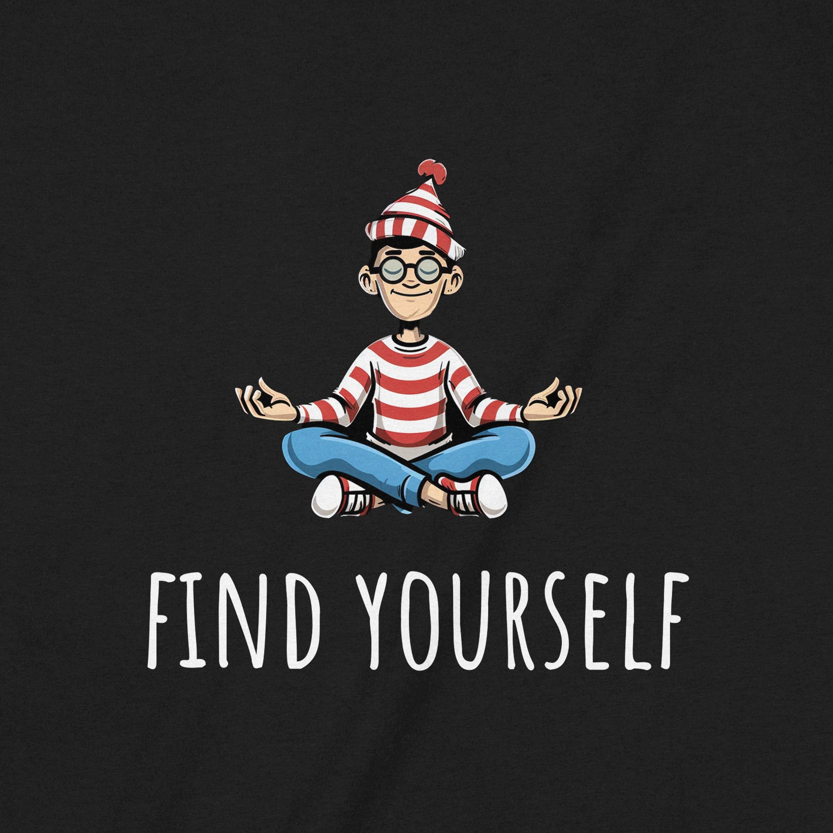 Closeup of black shirt featuring meditating Waldo character with Find Yourself text