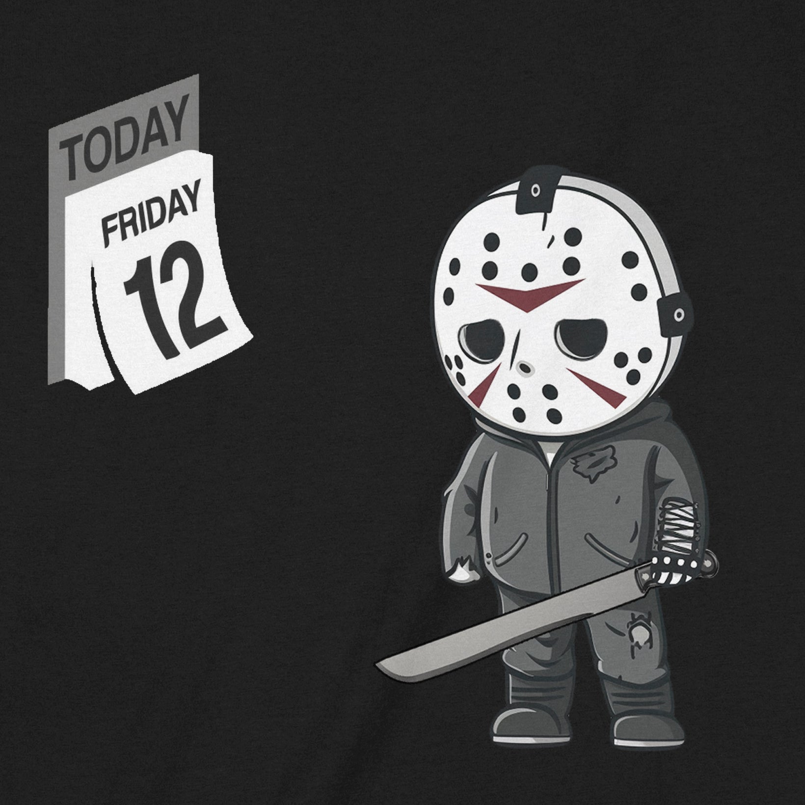 Close up of funny Jason Voorhees cartoon graphic with Friday the 13th calendar on black tee 