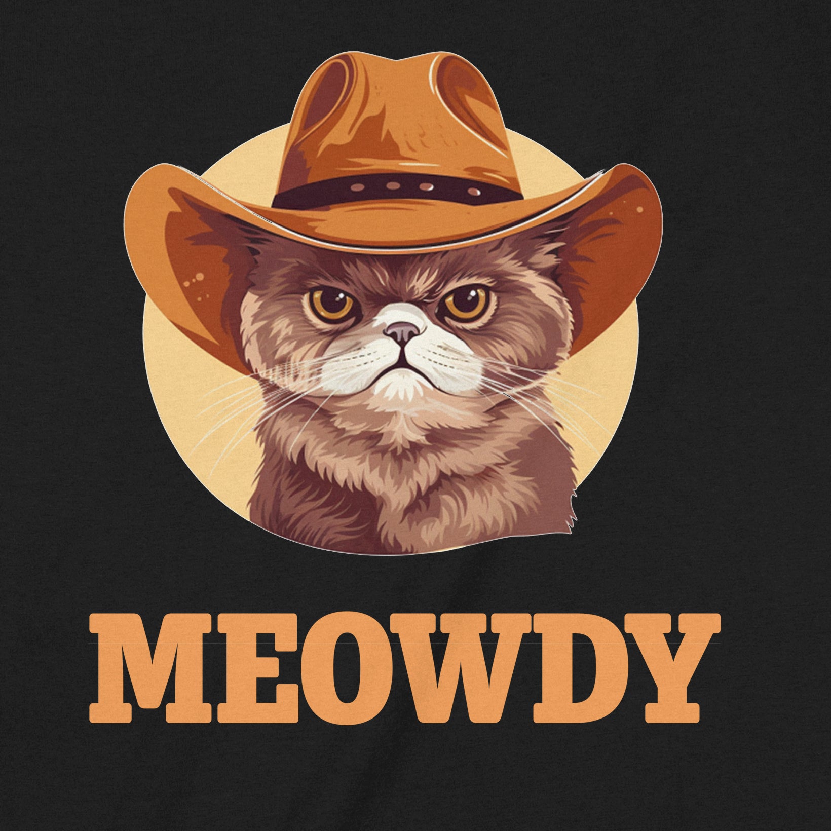 Closeup of cowboy cat graphic with MEOWDY text on black tee, crisp print detail for Western cat lovers