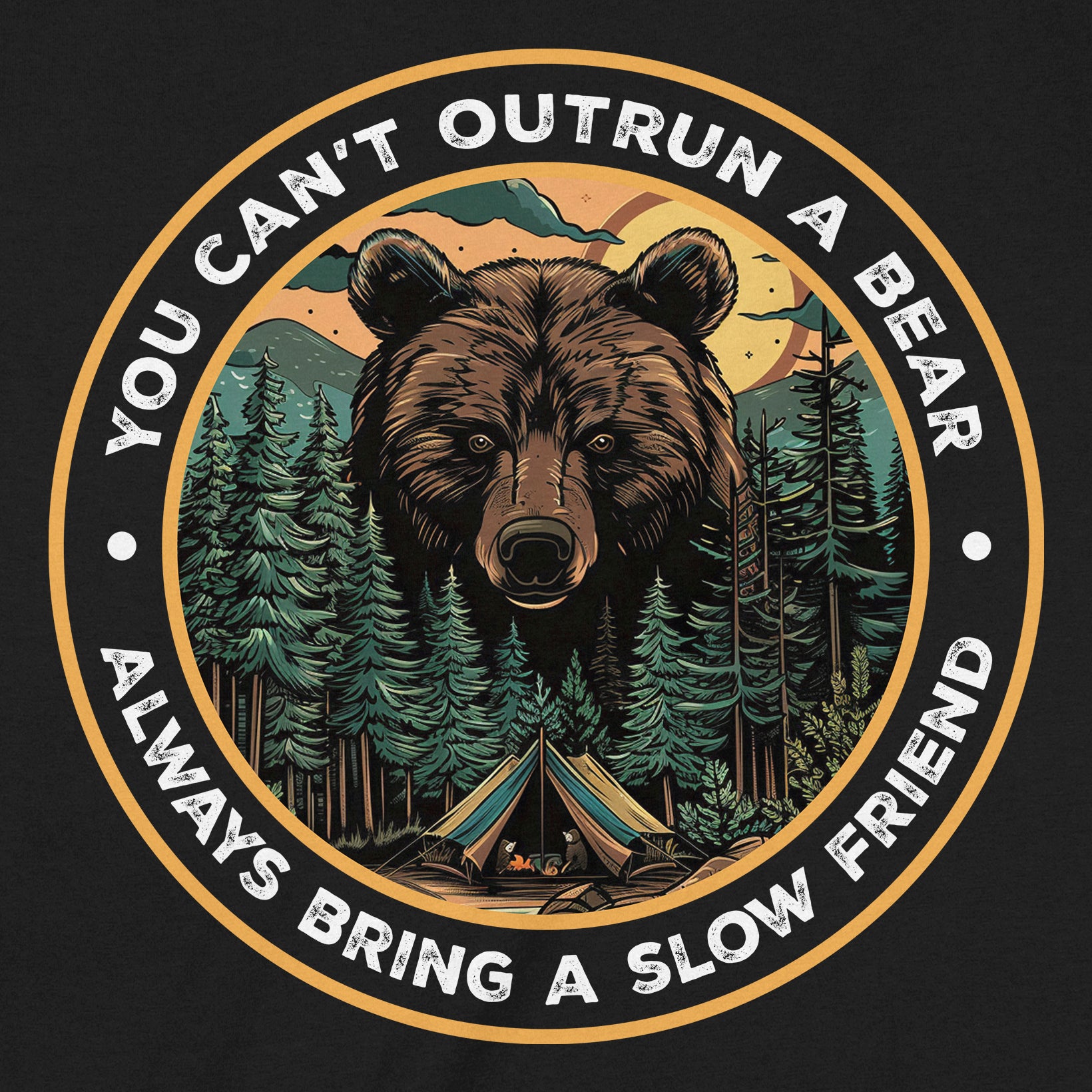 Close-up of bear and forest graphic on black camping t-shirt with humorous hiking quote for outdoor lovers