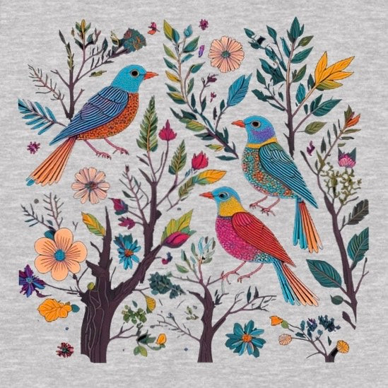 Closeup of colorful songbirds and flowers illustration on heather gray t-shirt, detailed botanical graphic
