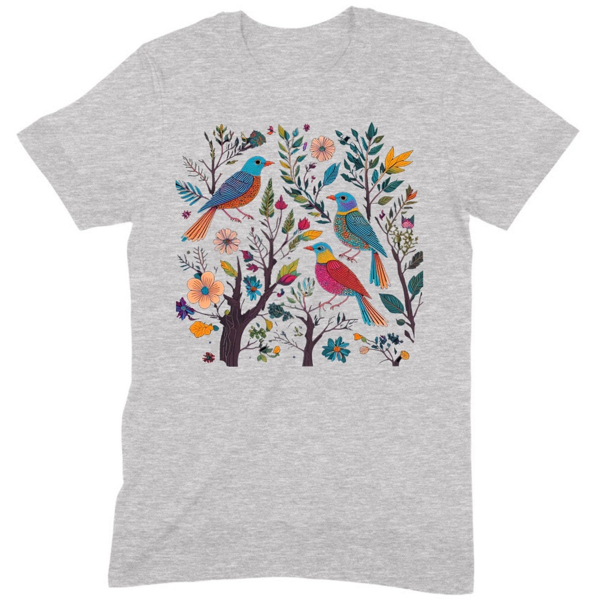 Heather gray unisex t-shirt with colorful songbirds and floral garden illustration, flat lay product photo
