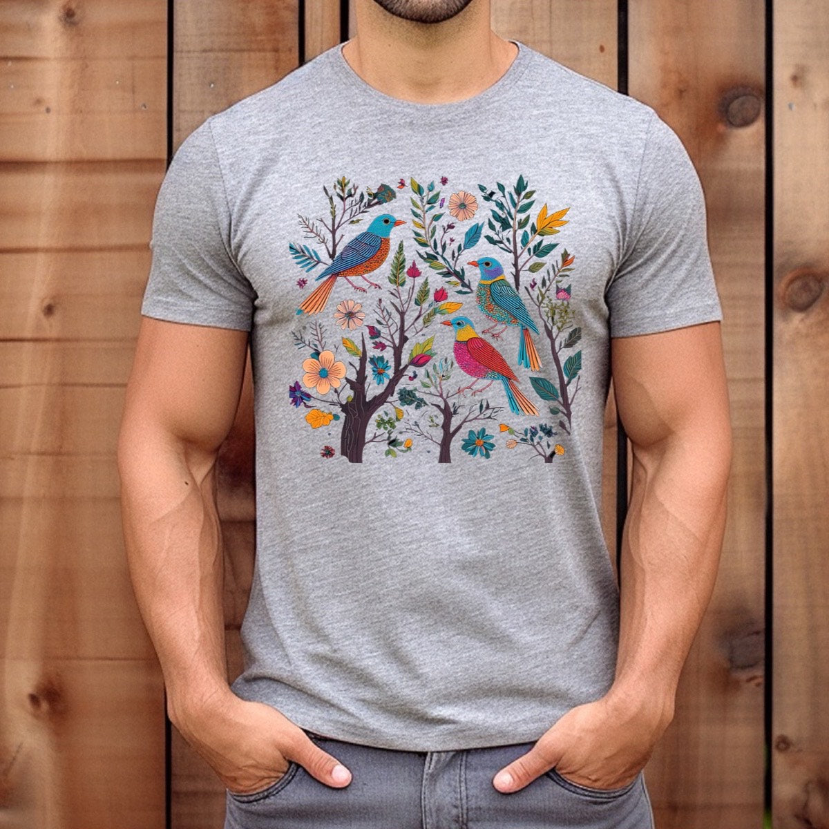 Man wearing heather gray t-shirt with colorful songbirds and floral illustration, casual outdoor lifestyle