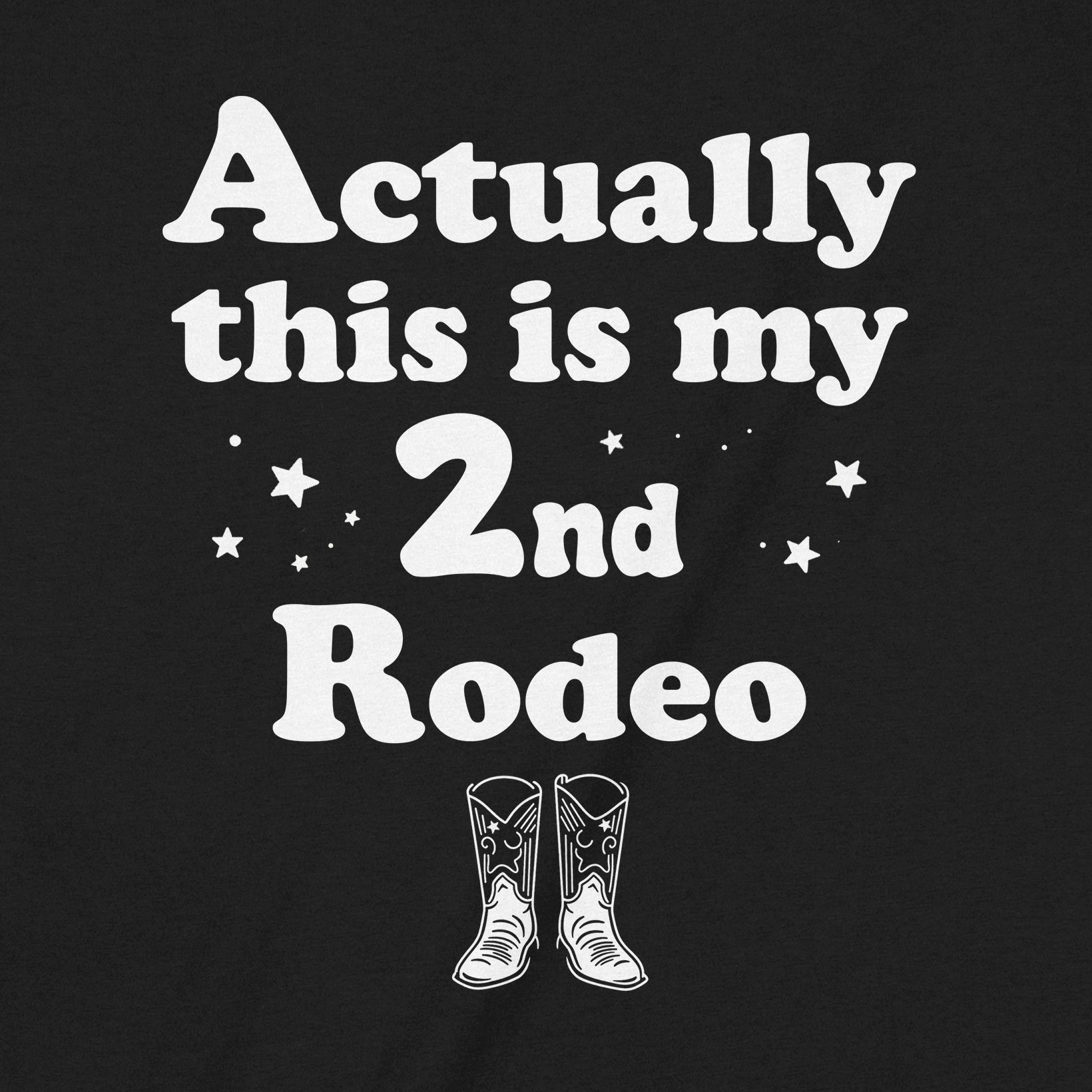 Closeup of Actually this is my 2nd Rodeo text with cowboy boots graphic on black t-shirt