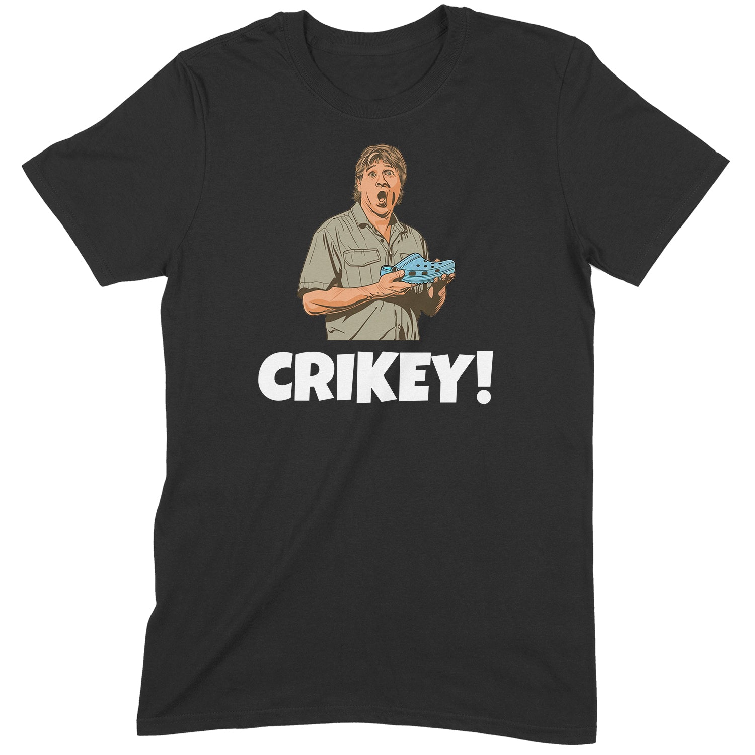 Flat lay black t-shirt with Crikey text and illustrated man holding crocodile graphic