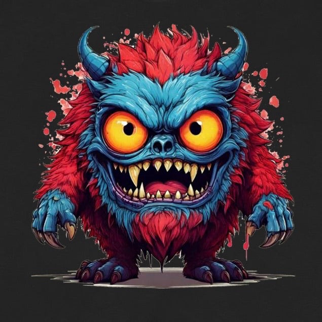 Close-up of blue and red furry monster with yellow eyes and fangs printed on black t-shirt