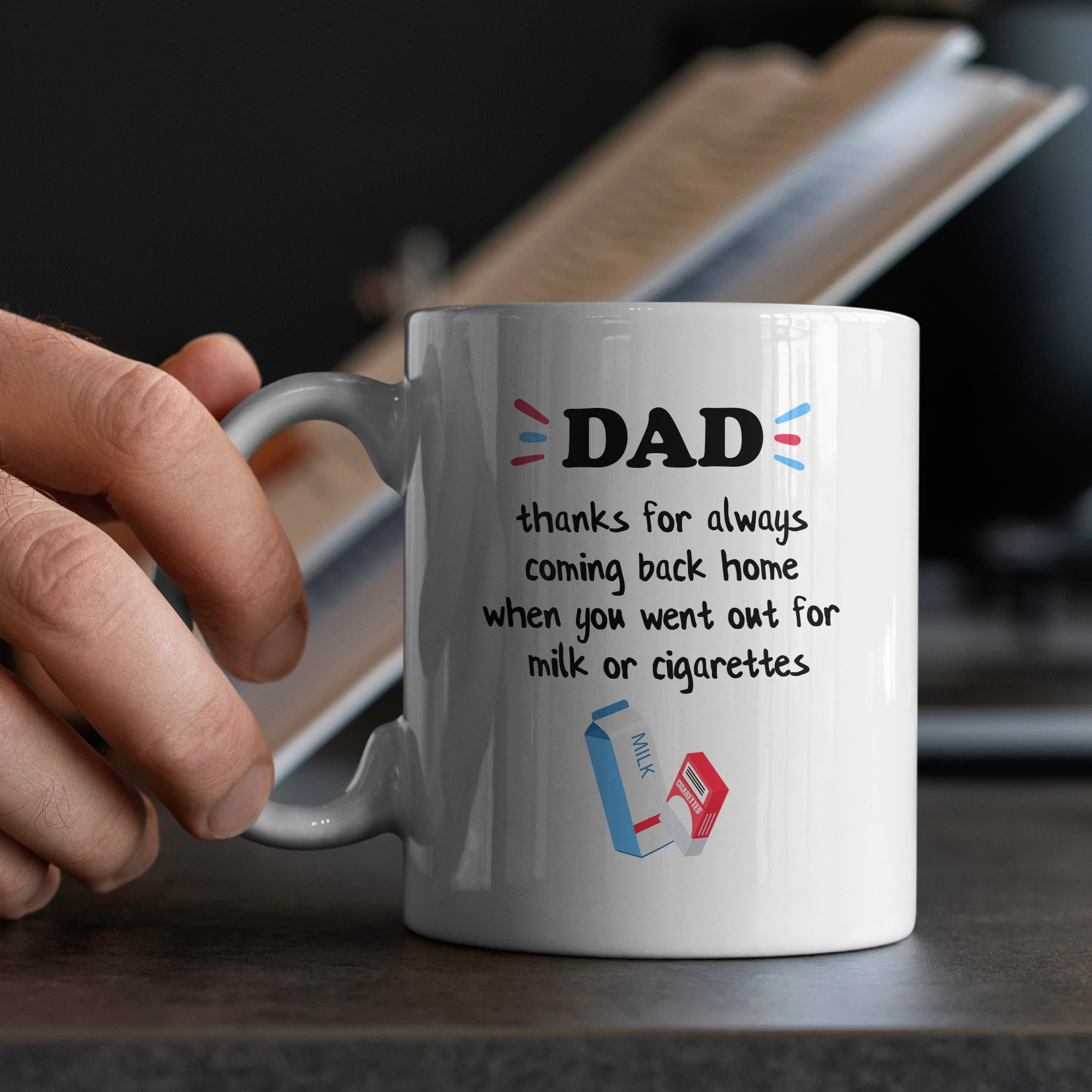 White ceramic dad mug in hands with milk or cigarettes funny saying perfect fathers day gift idea